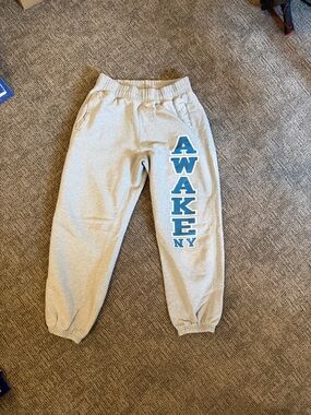 Awake NY Light Gray Sweatpants with Blue Vertical Logo